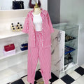 European and american cross-border women's clothing  summer new arrival: elegant casual color block striped turn-down collar shirt and high-waisted pants set