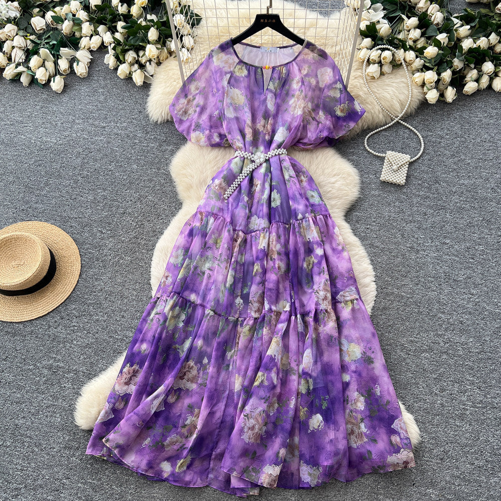 French chic v-neck floral dress - women's summer korean style short sleeve slimming a-line maxi dress - vacation ready