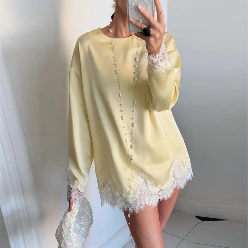 cross-border european and american women's clothing: new autumn collection - fashionable and elegant solid color lace patchwork hollow-out mini dress