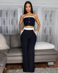 Amazon fashionsexy color matching chest wrap decorative buttons straight-leg high waist wide-leg women's pants suit
