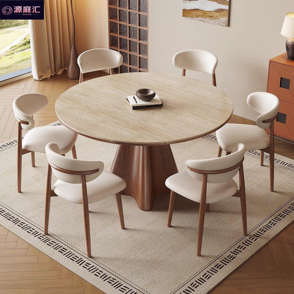 Vintage-style travertine rock slab extendable dining table and chairs - space-saving, foldable, round/square convertible retro round dining table for home use