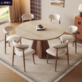 Vintage-style travertine rock slab extendable dining table and chairs - space-saving, foldable, round/square convertible retro round dining table for home use