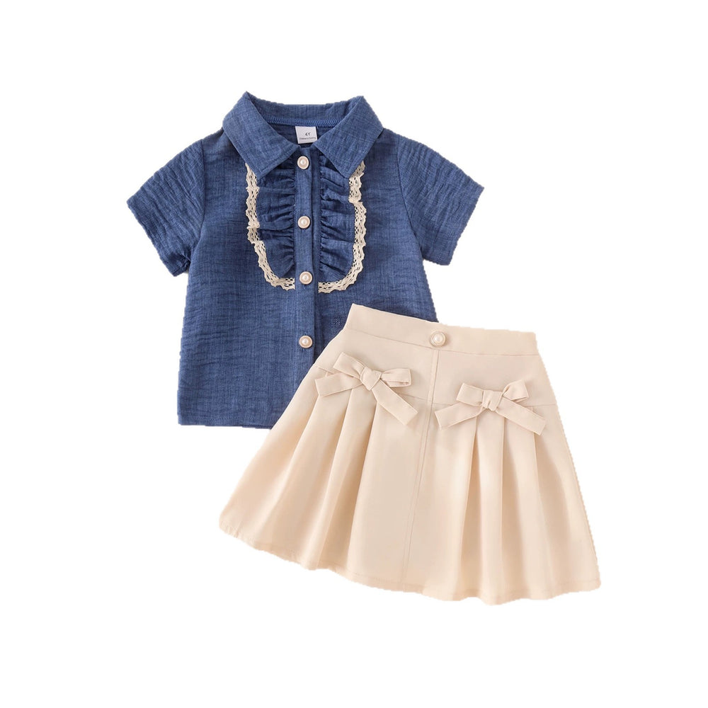 Girls' outfit set: new summer collection for cross-border e-commerce - preppy style lace-trimmed short-sleeve blouse with bow and pleated skirt
