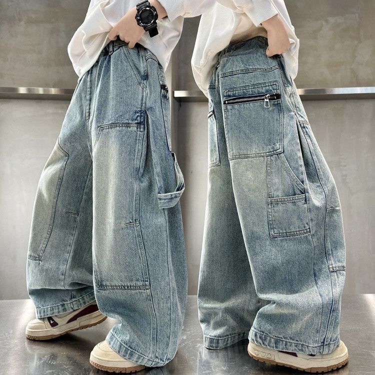 Boys' fall denim pants: new  styles - stylish wide-leg cargo pants for boys, perfect for spring and autumn