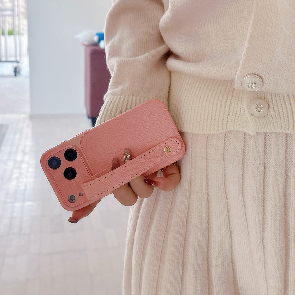 Suitable for apple 16promax to turn into 17 small v pattern plain leather wristband mobile phone case iphone17pro anti-fall case 14