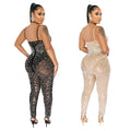 C6272 cross-border   fashion women's solid color mesh rhinestone sleeveless pants jumpsuit