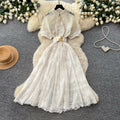 French romantic pink hollow-out lace dress - women's summer a-line maxi dress with cinched waist - high-end elegant style