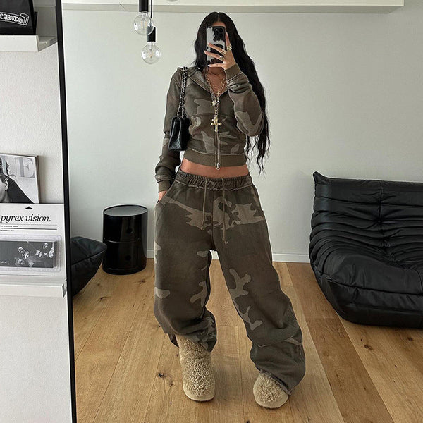 women's clothing camouflage contrasting color hooded zipper sweater + loose large sweatpants casual two-piece set