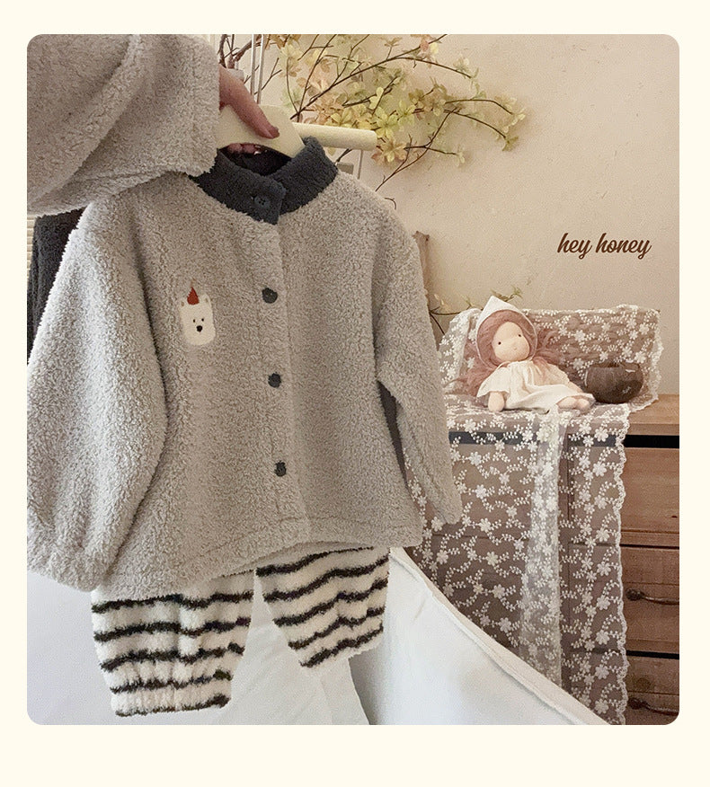 【matching family set】cartoon pajamas kids' half-fleece loungewear set  new autumn/winter thickened for boys and girls