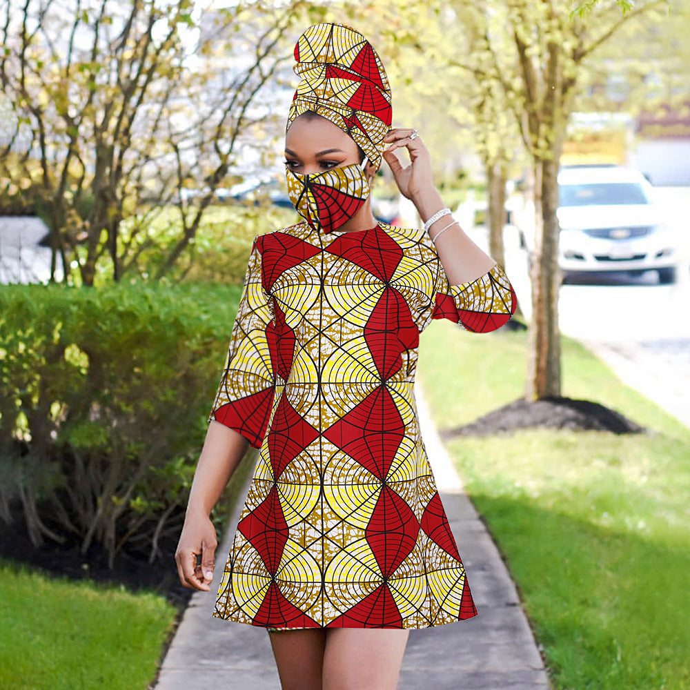 African women's fashion: european and american cross-border e-commerce,   new collection - wax print dress with matching headscarf and face mask
