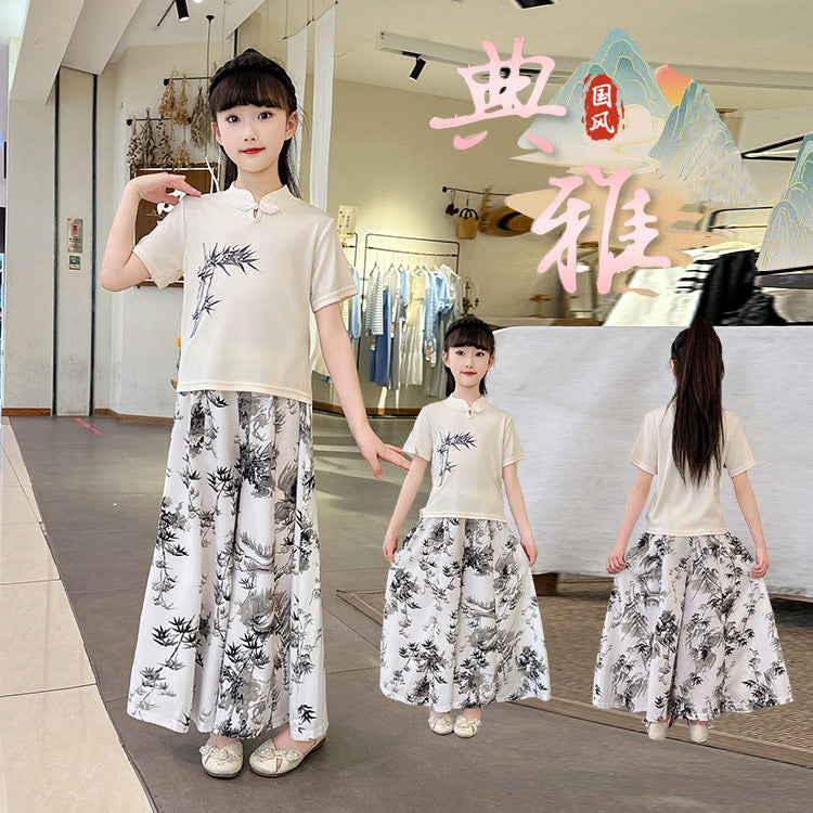 Girls'  new summer outfit set, mid-to-large children's summer clothing, chinese style with a modern twist, chinese-inspired short-sleeve two-piece trendy set