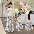 Girls'  new summer outfit set, mid-to-large children's summer clothing, chinese style with a modern twist, chinese-inspired short-sleeve two-piece trendy set