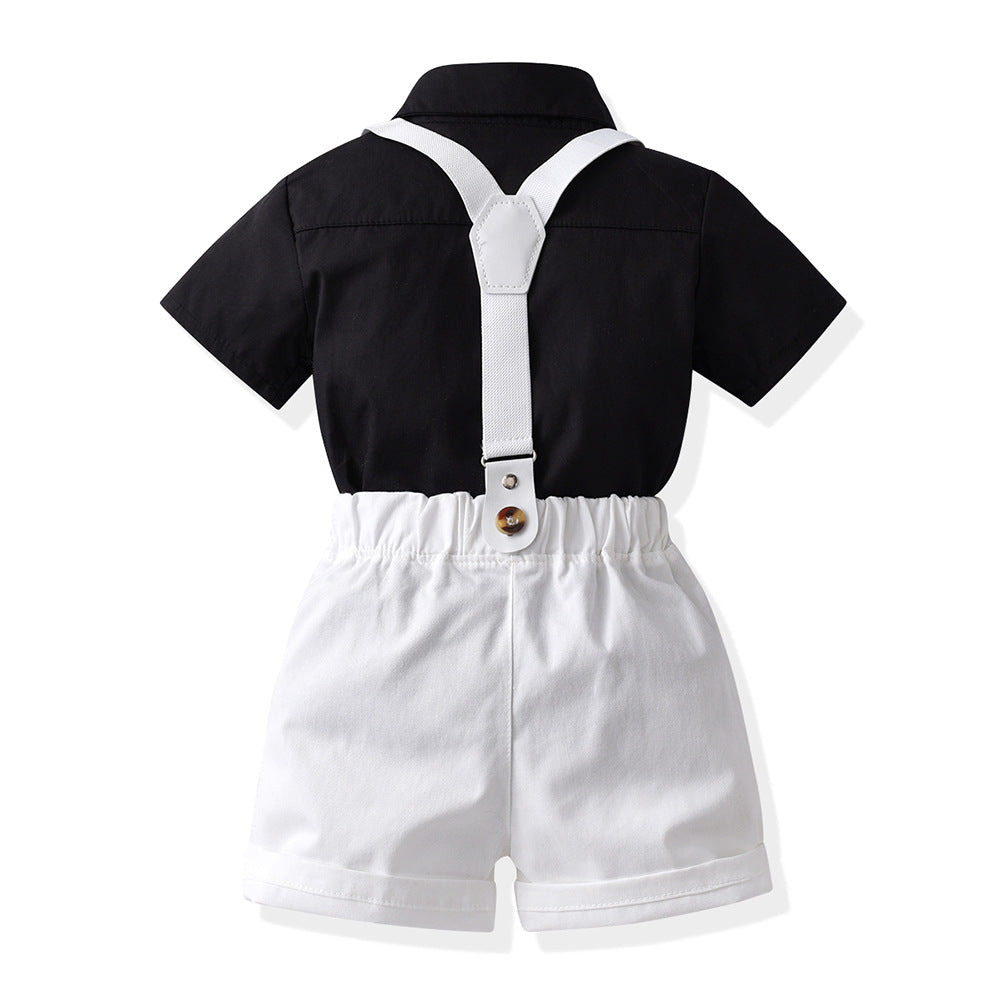 Boys' summer black short-sleeve shirt and overalls set - stylish two-piece outfit for toddlers and young children - trendy street style
