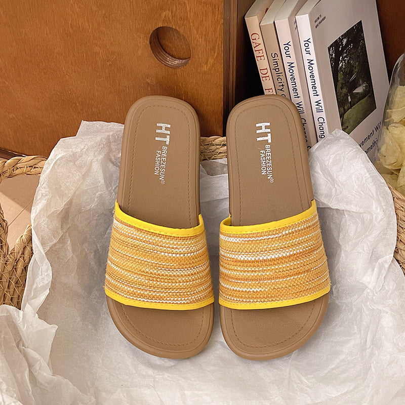 French knit one-strap slippers for women, summer outdoor wear, 2026 new roman ethnic style beach flat sandals