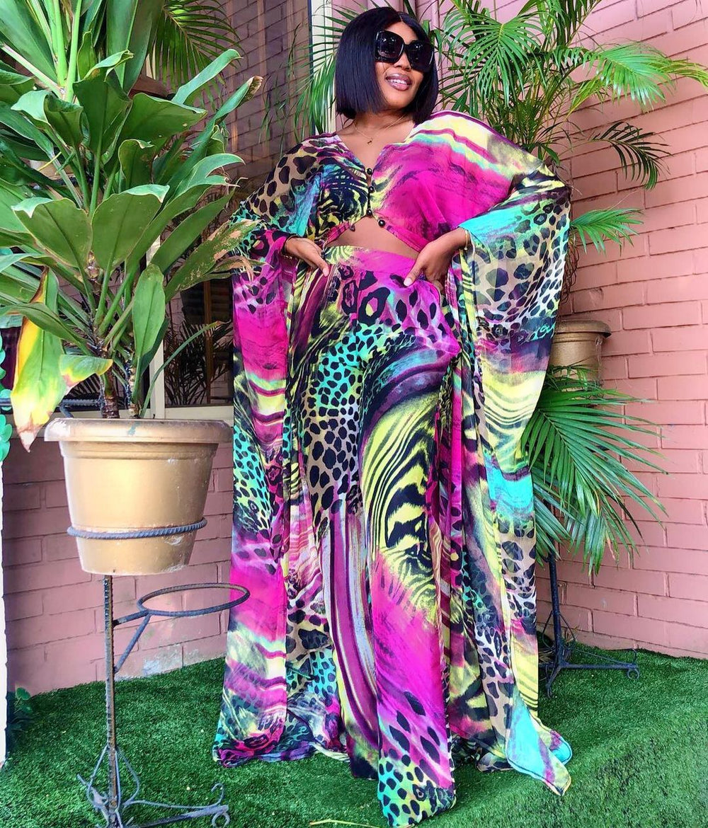 supply of african women's chiffon digital printing abaya + loose pants suit