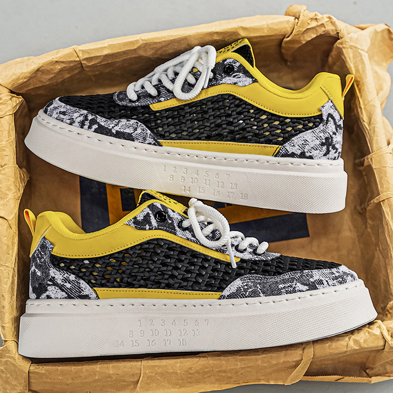 Men's summer breathable woven mesh versatile athletic casual trendy shoes - men's anti-slip thick-soled height-increasing white sneakers