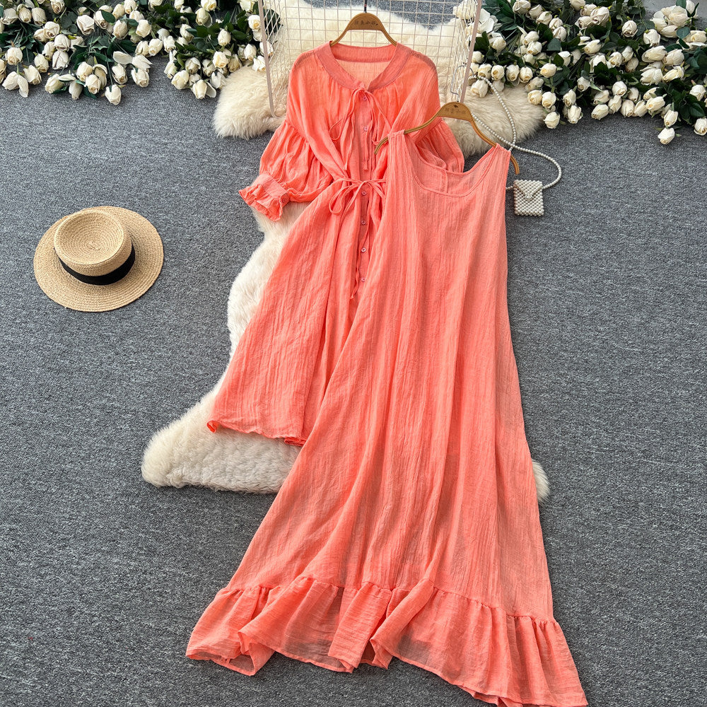 Vacation style yellow ruffles pleated two-piece set female spring autumslimming lookelegantwork clothingsuit skirt classy sense