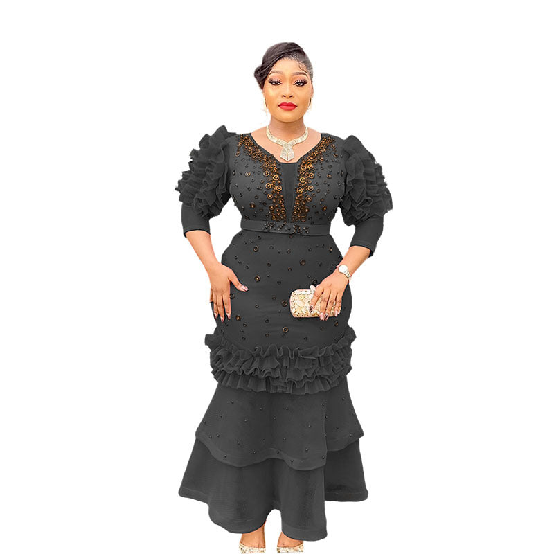supply of african women's clothing puff sleeve v neck silm hot diamond beaded waist fishtail dress long skirt