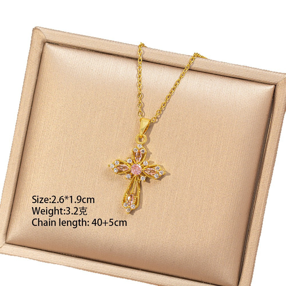 [titanium steel] fashion popular pink zirconium hollow cross necklace for women, accessible luxury niche high-end clavicle chain accessories