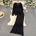 Korean style early spring outfit: effortless knit set for women - designer cutout top & versatile midi skirt two-piece trendy set