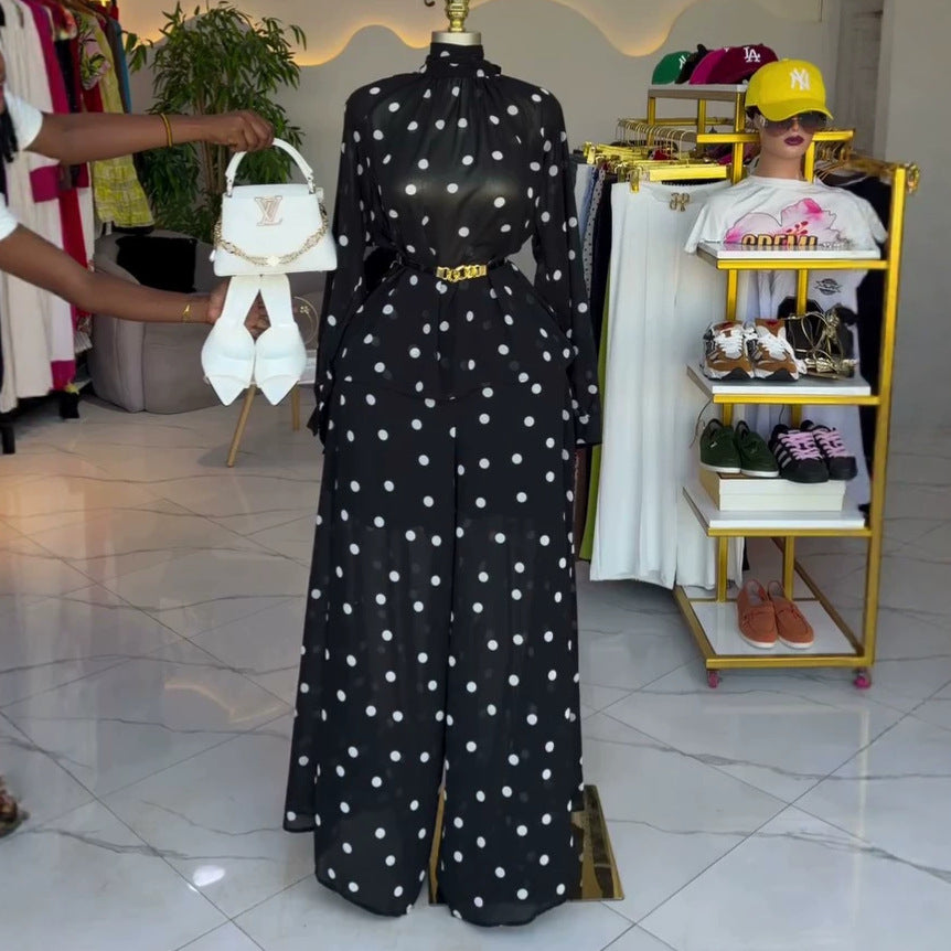 European and american cross-border women's clothing:  summer new arrival - elegant and chic polka dot blouse with high-waisted wide-leg pants casual set
