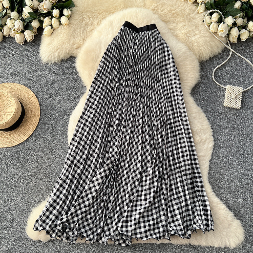 new arrivalgrids pattern patchwork a-line skirt women's high waistslimming lookelegantpleated long skirtwork clothinggrids skirt