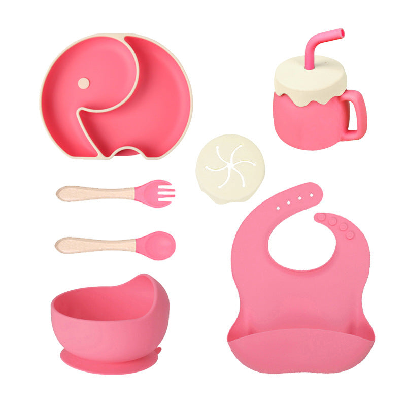 Children's Silicone Plate 7-piece Set Baby Separate Plate Feeding Bib Water Cup Fork Spoon Supplementary Food Bowl Tableware