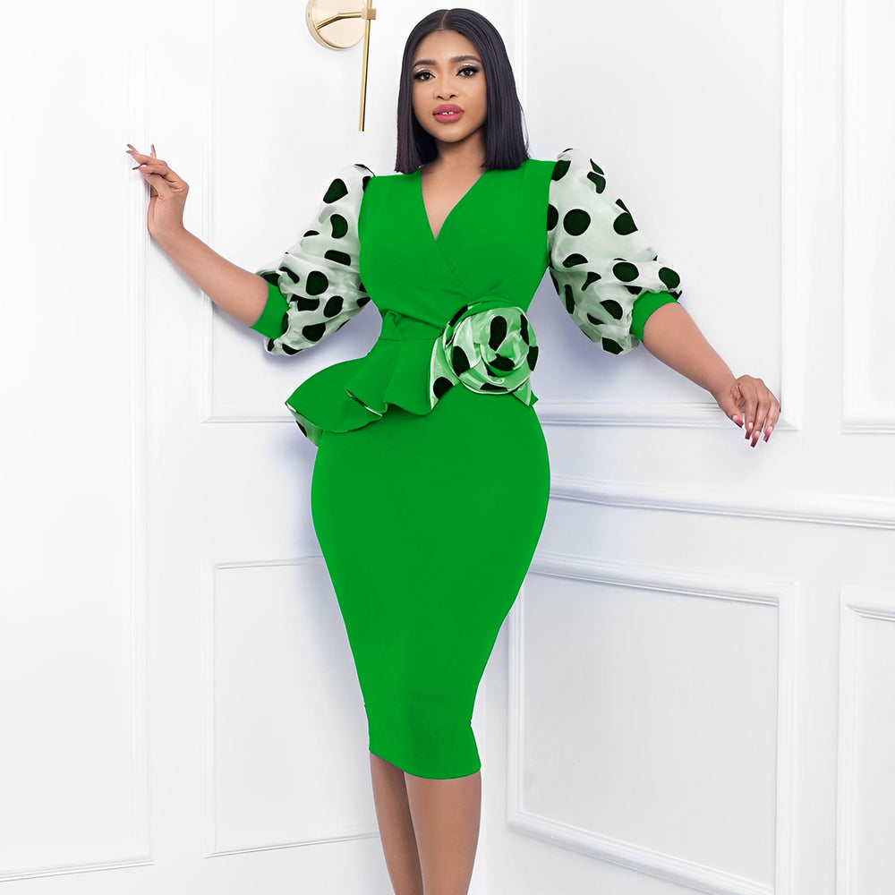 European and american cross-border women's clothing  spring/summer new collection: patchwork ol style mesh puff sleeve pencil skirt foreign trade dress