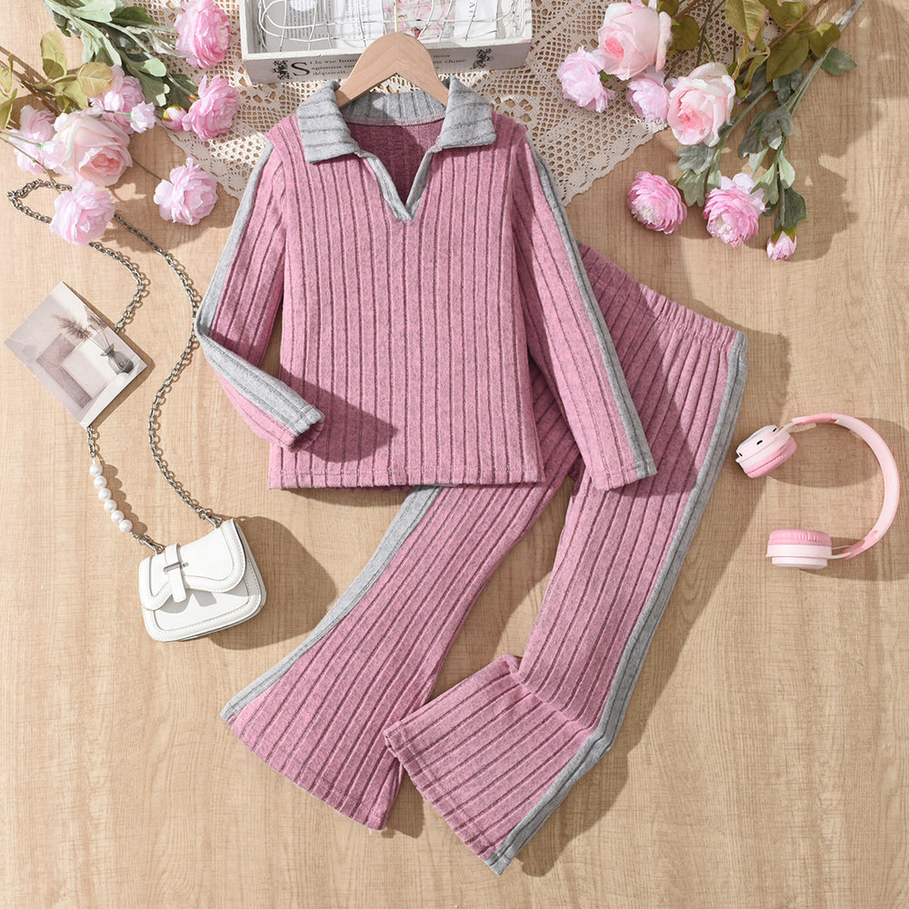 Girls' two-piece outfit for export: purple-pink and gray striped, turn-down collar, long-sleeved top with flared pants - kids' casual set
