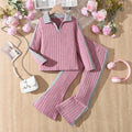 Girls' two-piece outfit for export: purple-pink and gray striped, turn-down collar, long-sleeved top with flared pants - kids' casual set