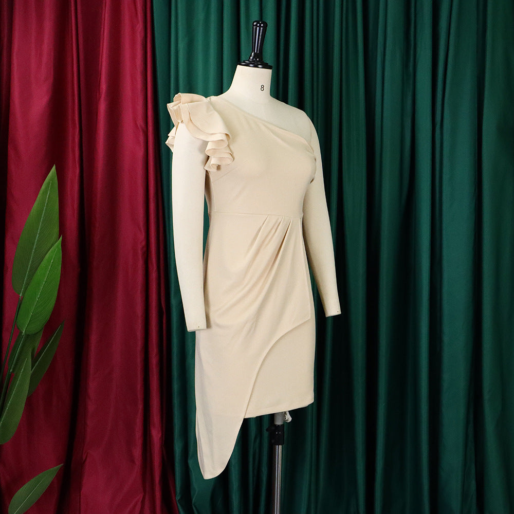 D378 european and american plus size women's fashion: elegant, slimming, one-shoulder ruffle hem bodycon plus size export dress