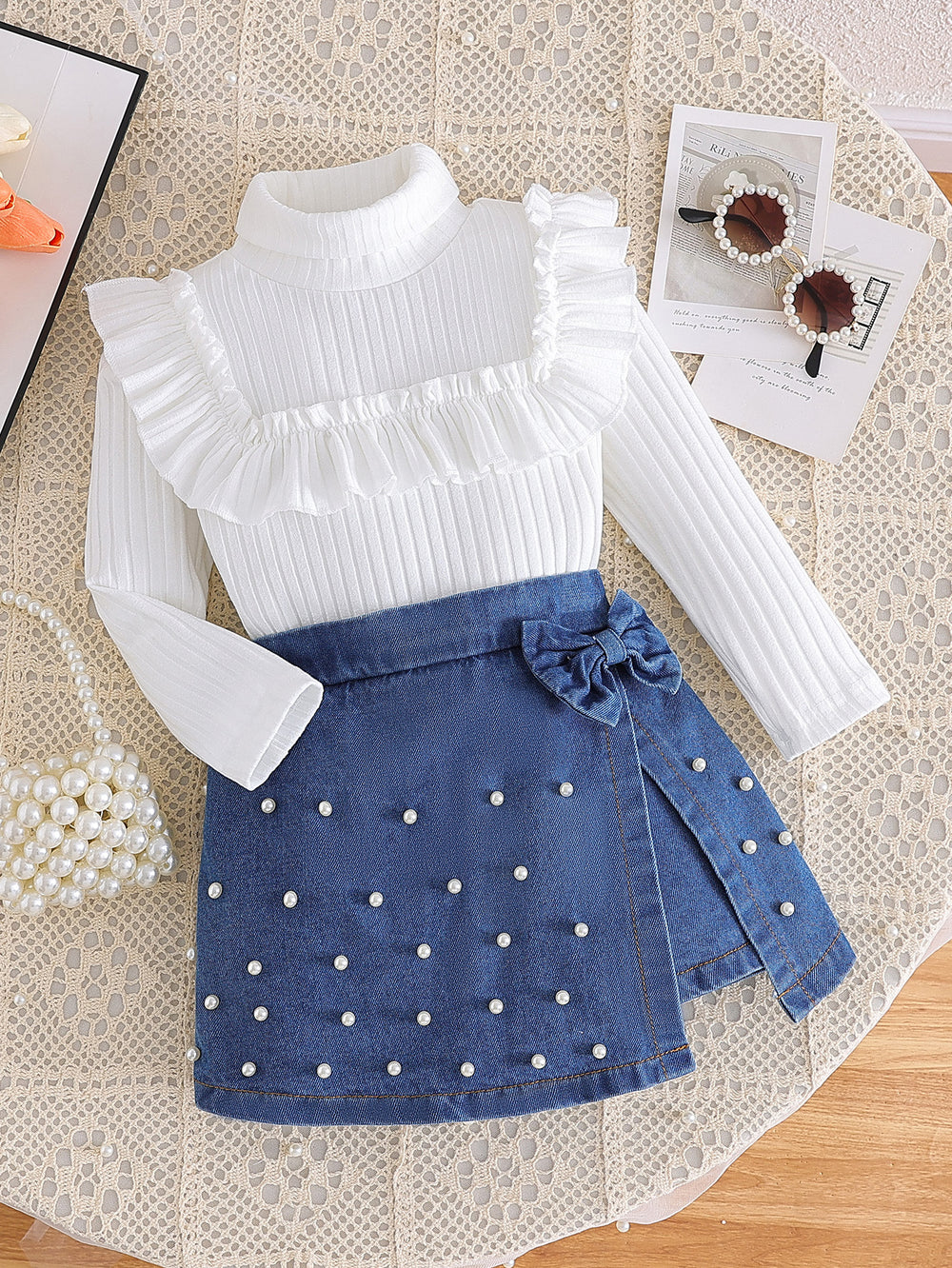 new autumn/winter cross-border girls' high-neck ruffle knit top & heavy-duty denim beaded skirt pants two-piece set