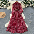French retro fashion printed long sleeve single-breasted tie-waist dress - women's autumn  high-end maxi dress