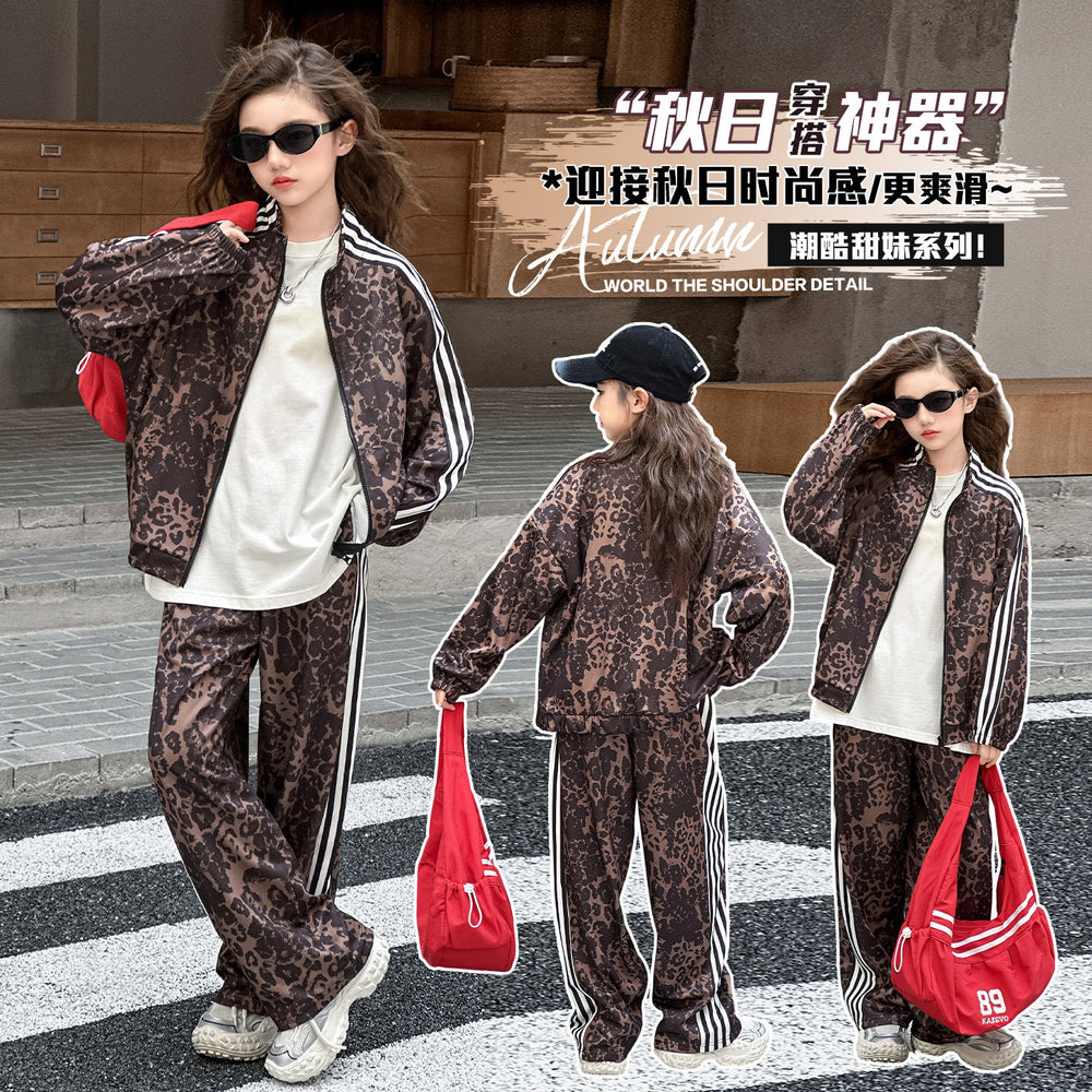 Girls' fall  new collection: versatile printed two-piece set - trendy brand for students, spring/autumn casual leopard print outfit