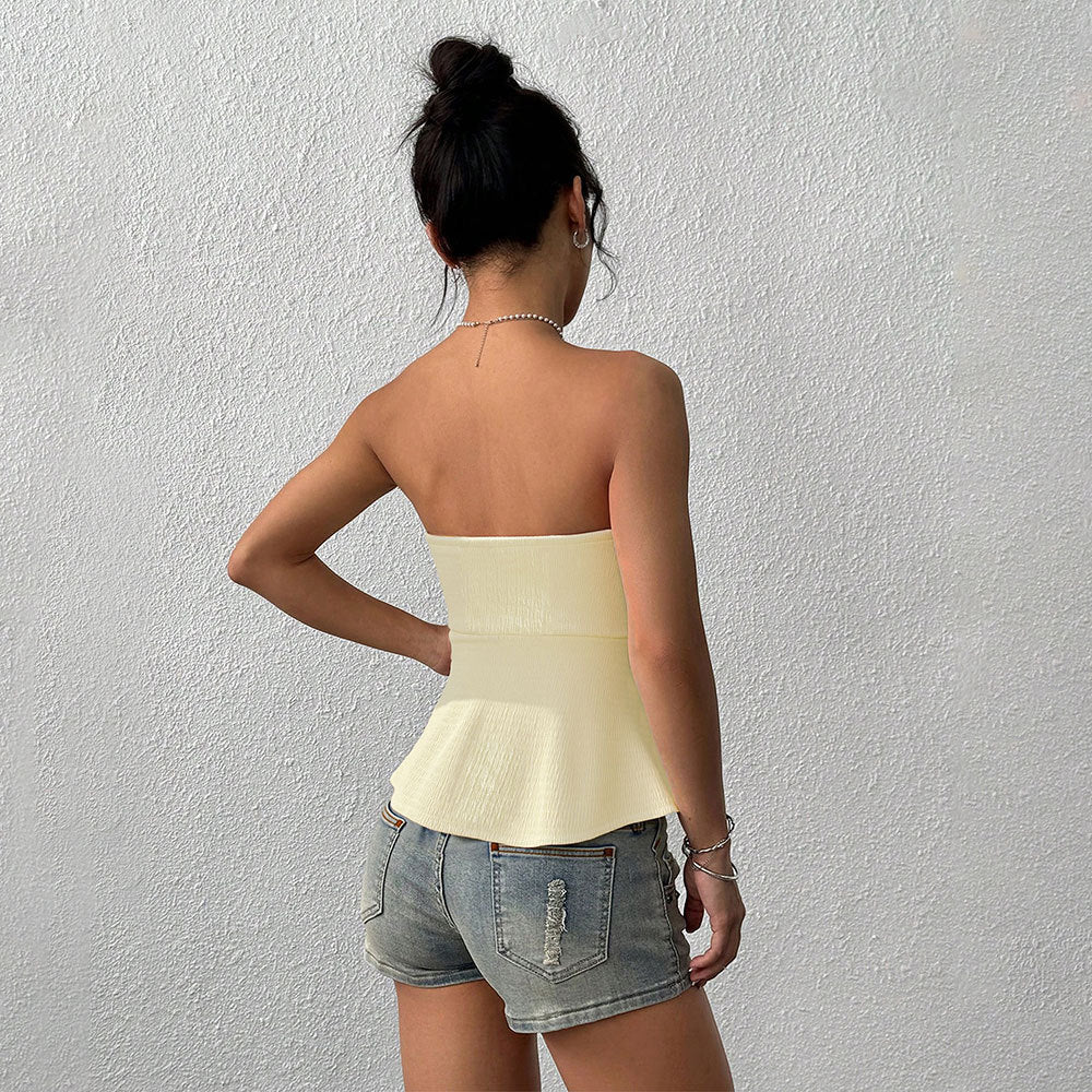 European and american style hot girl sexy bandeau tank top - women's ruched off-shoulder slim fit summer new solid color sleeveless top - export quality