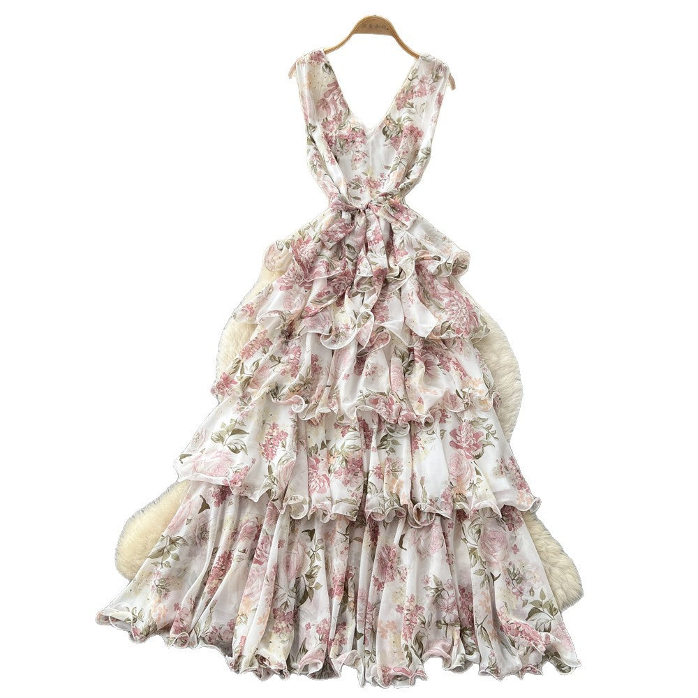 French floral sweet princess style dress - women's summer v-neck sleeveless high-waisted a-line maxi dress - commute chic