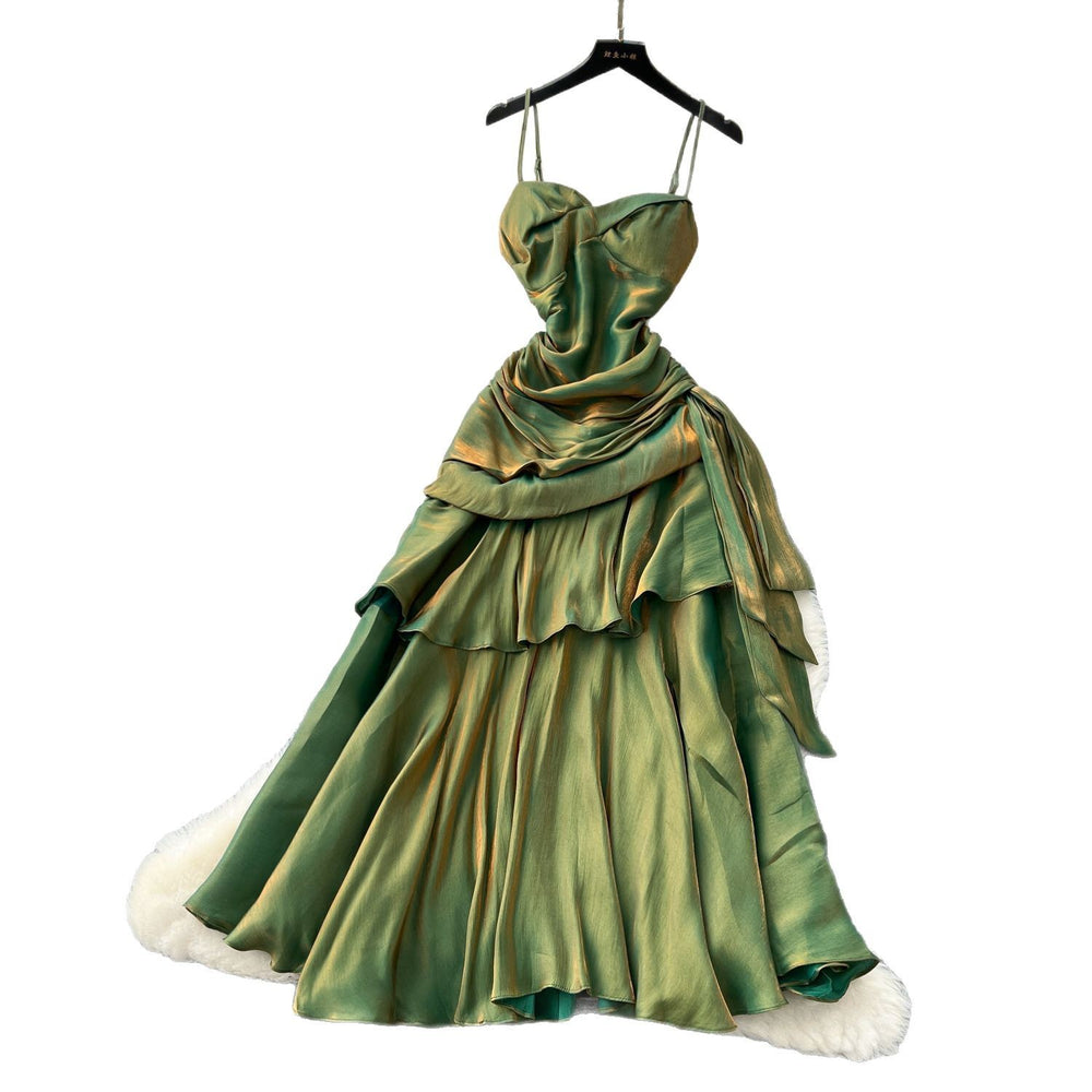 French goddess style design square neck bandeau strap ruched waist ruffle hem mini dress long gown