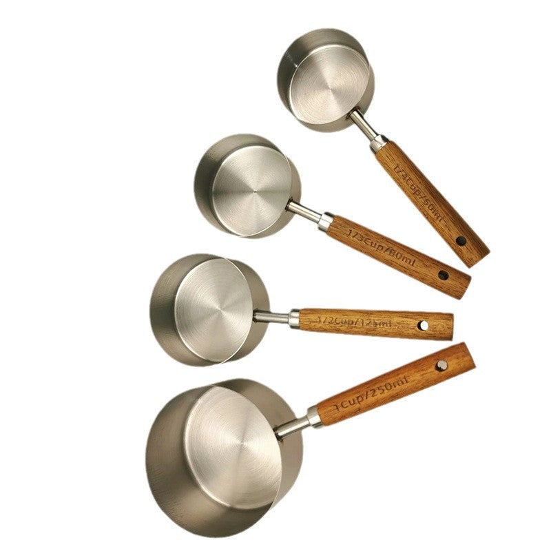 Factory direct cross-border stainless steel long-handled measuring spoons & cups - wooden handle stainless steel measuring cups - baking tools & coffee measuring spoons