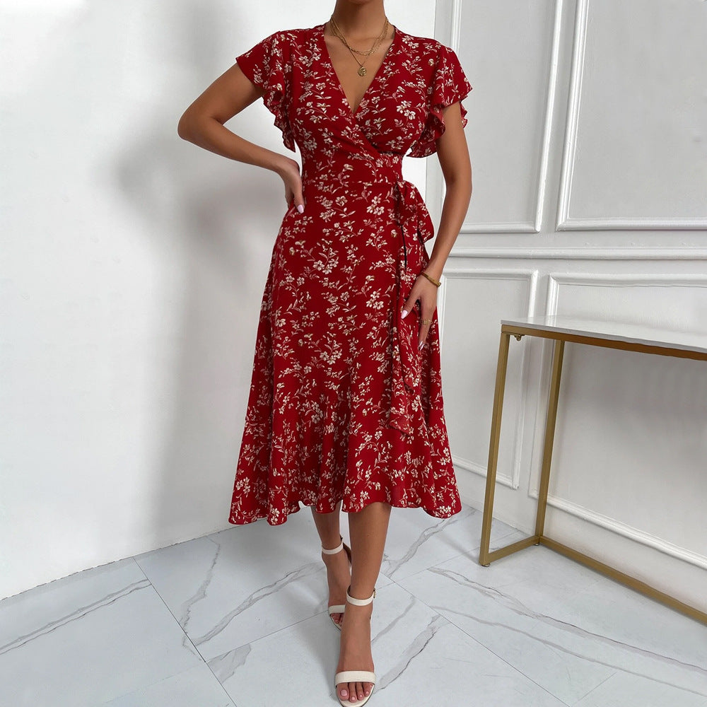 Amazon  european and american cross-border women's sexy deep v lace-up waist bestseller floral print vacation maxi dress