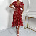 Amazon  european and american cross-border women's sexy deep v lace-up waist bestseller floral print vacation maxi dress