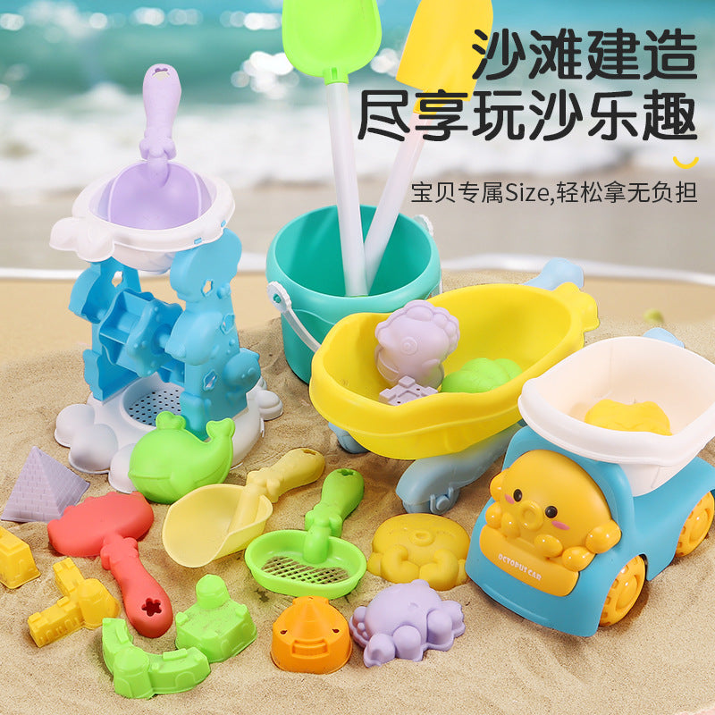 Kids' beach toy set: sand digging, sand play, water fun, sand timer, large shovel, durable beach bucket, and small tools