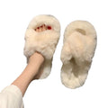 Fall/winter 2025 new fuzzy slippers for women - stylish outdoor wear, plush thick-soled slippers, korean style criss-cross strap home cotton slippers