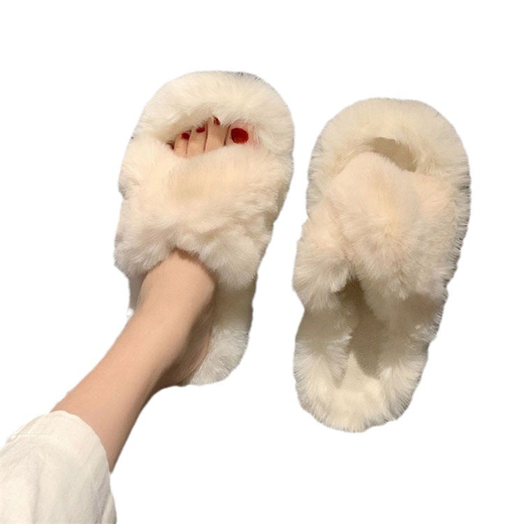 Fall and winter 2023new arrival fur slippers women's fashionoutwearstuffedthick sole slippers k-style cross strap home cotton slippers