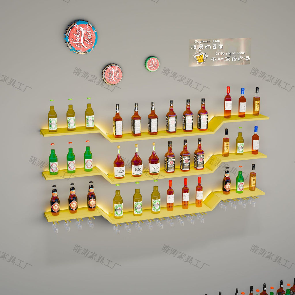 Bar red wine rack wall hanging wrought iron bar counter wall simple decoration creative luminous shelf restaurant wine cabinet against the wall