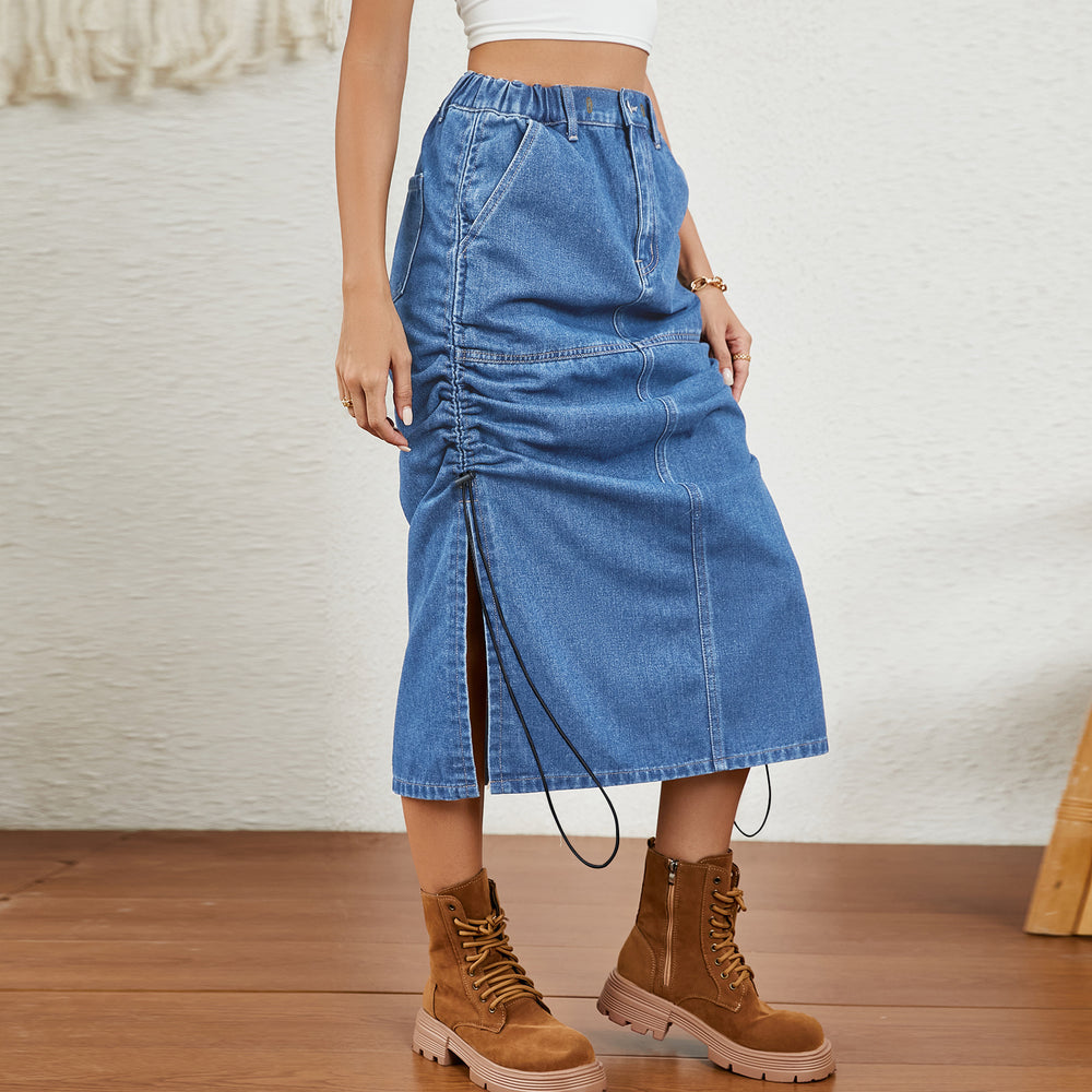 European and american cross-border trade women's summer new  independent station washed elastic waist drawstring denim midi skirt