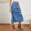 European and american cross-border trade women's summer new  independent station washed elastic waist drawstring denim midi skirt