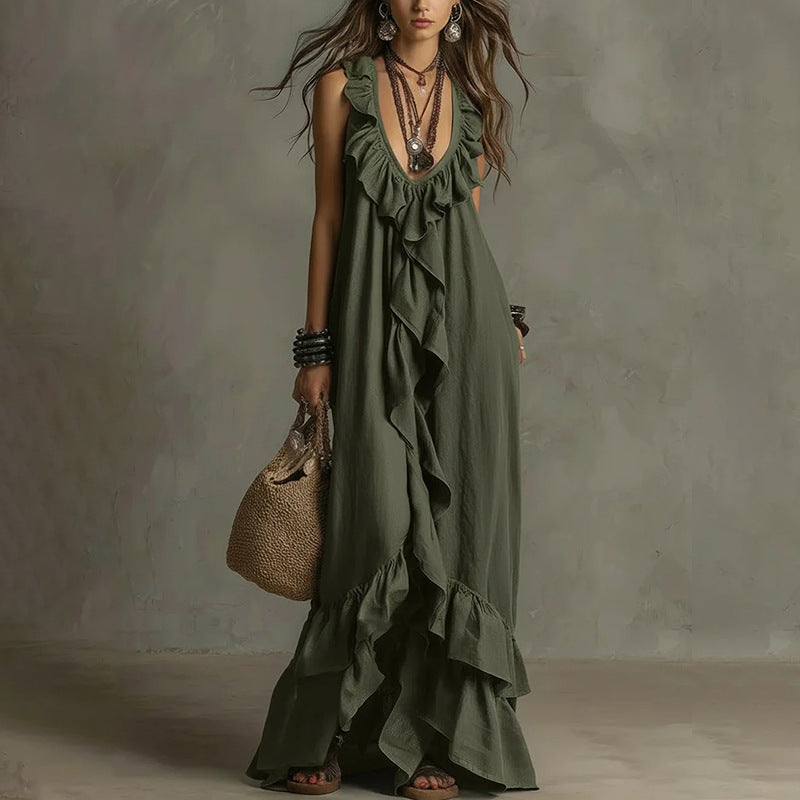 summer new women's fashion: european and american style cross-border dress - stylish, elegant, loose-fit a-line maxi dress with lace trim