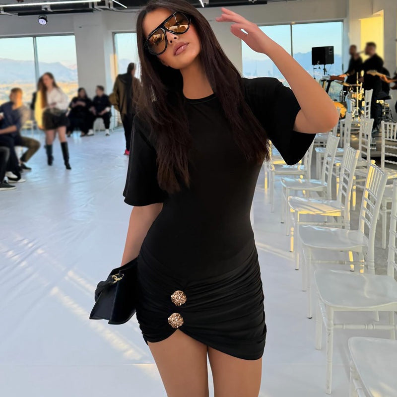 european and american women's clothing  summer new fashion solid color metallic embellished slim fit pleated bodycon mini dress