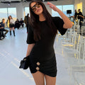european and american women's clothing  summer new fashion solid color metallic embellished slim fit pleated bodycon mini dress