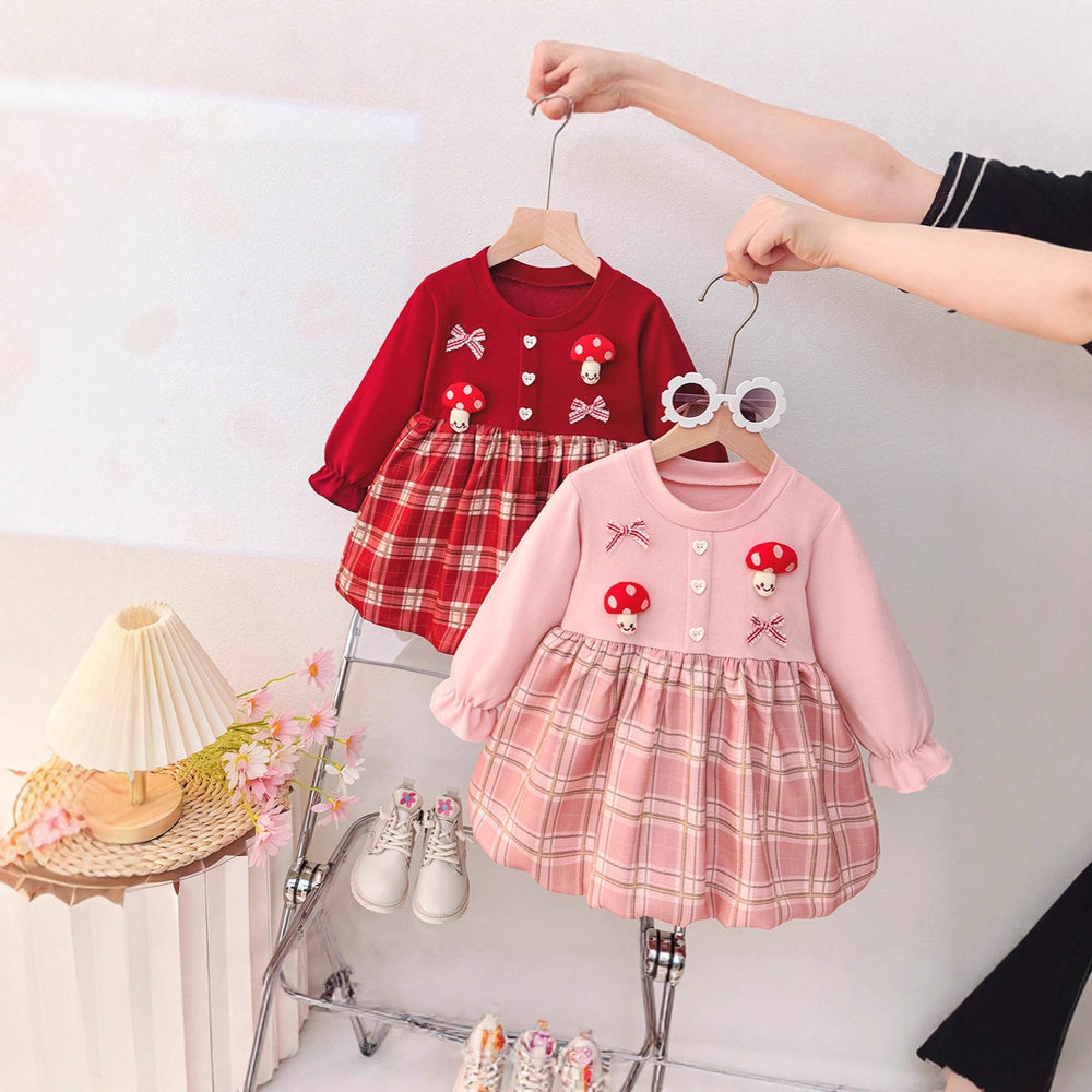 Girls' long-sleeve dress - spring/autumn collection - baby & toddler - cartoon mushroom & gingham floral print - tulip princess dress